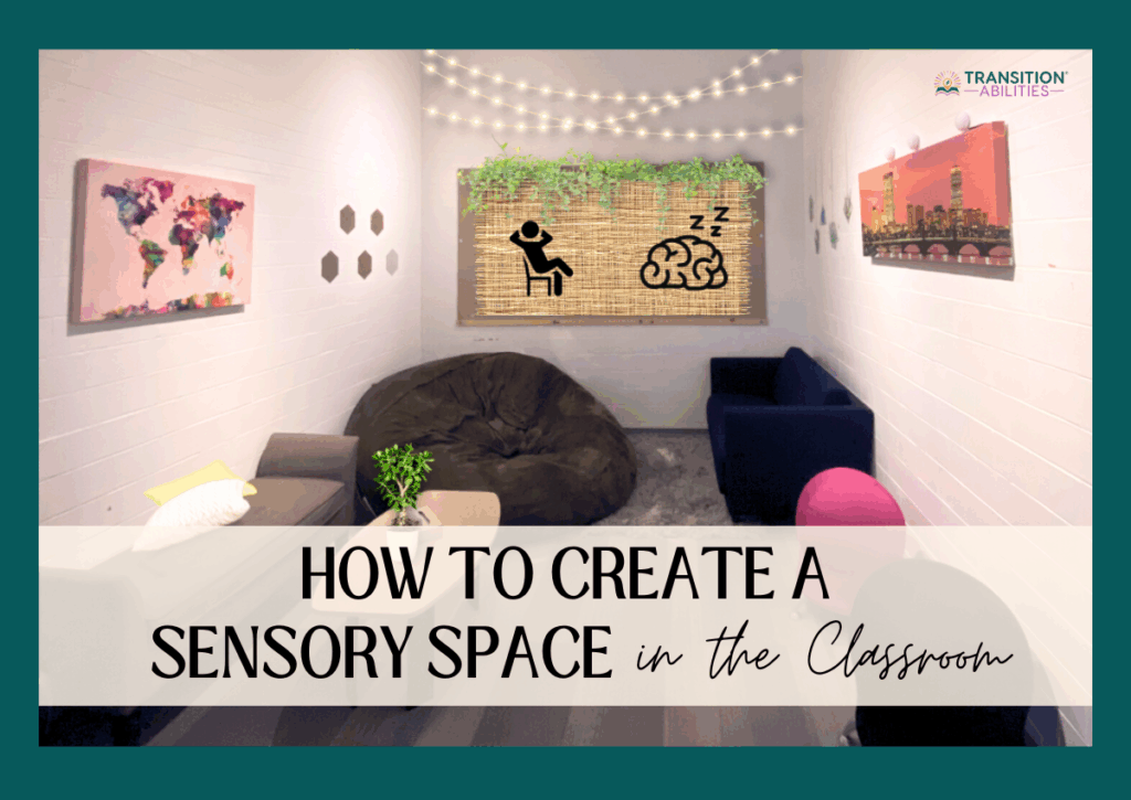 Calming classroom sensory space with soft seating and string lights.