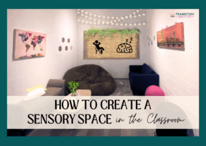Calming classroom sensory space with soft seating and string lights.