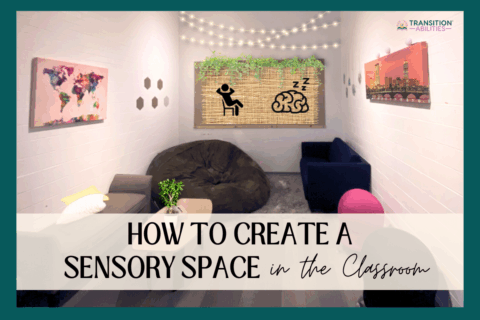 Calming classroom sensory space with soft seating and string lights.