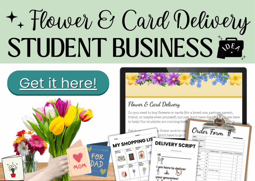 Graphic promoting a flower and card delivery student business with flowers and forms.