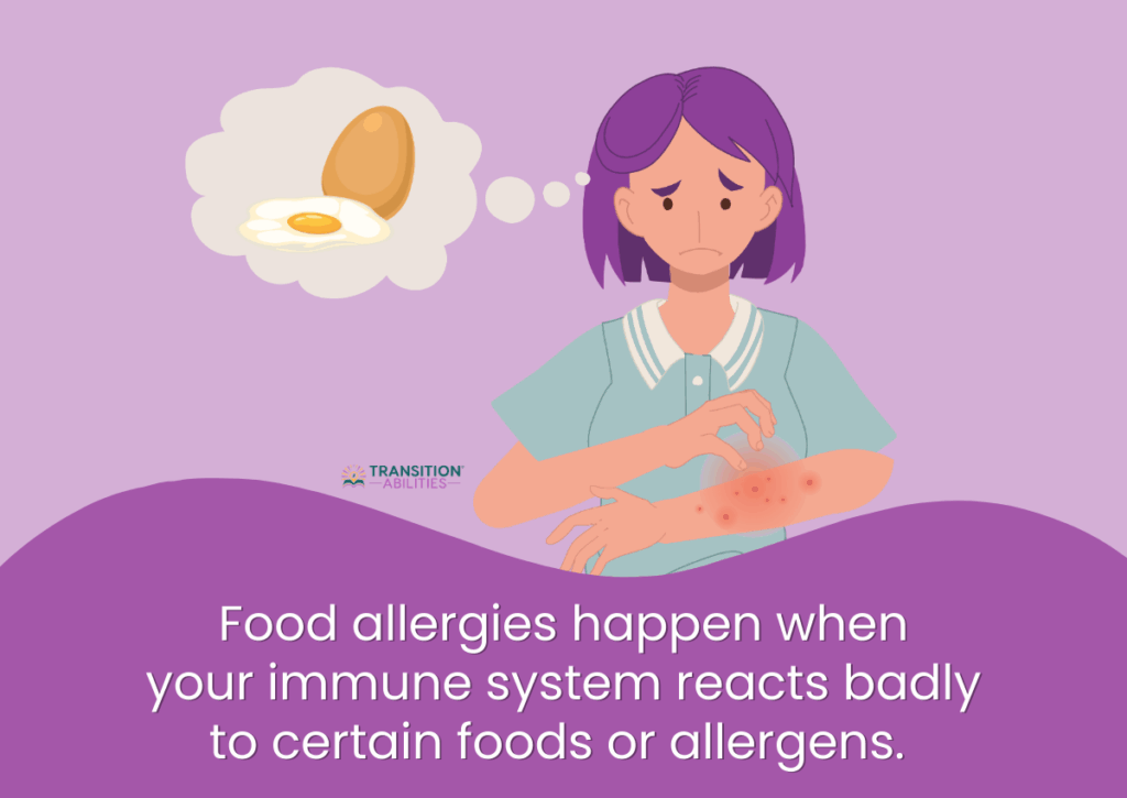 Illustration of a person reacting to a food allergy with text explaining food allergies.