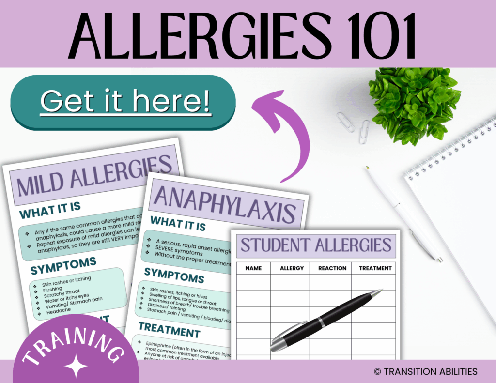 Graphic showing allergy education materials labeled “Allergies 101.”