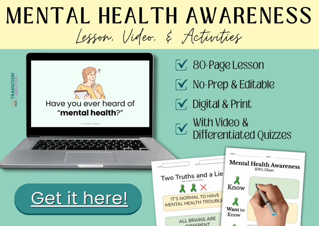 Mental health awareness lesson materials shown on a laptop with worksheets.
