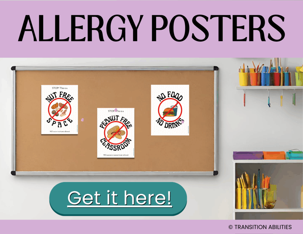 Classroom bulletin board with allergy posters like nut-free and no food signs.