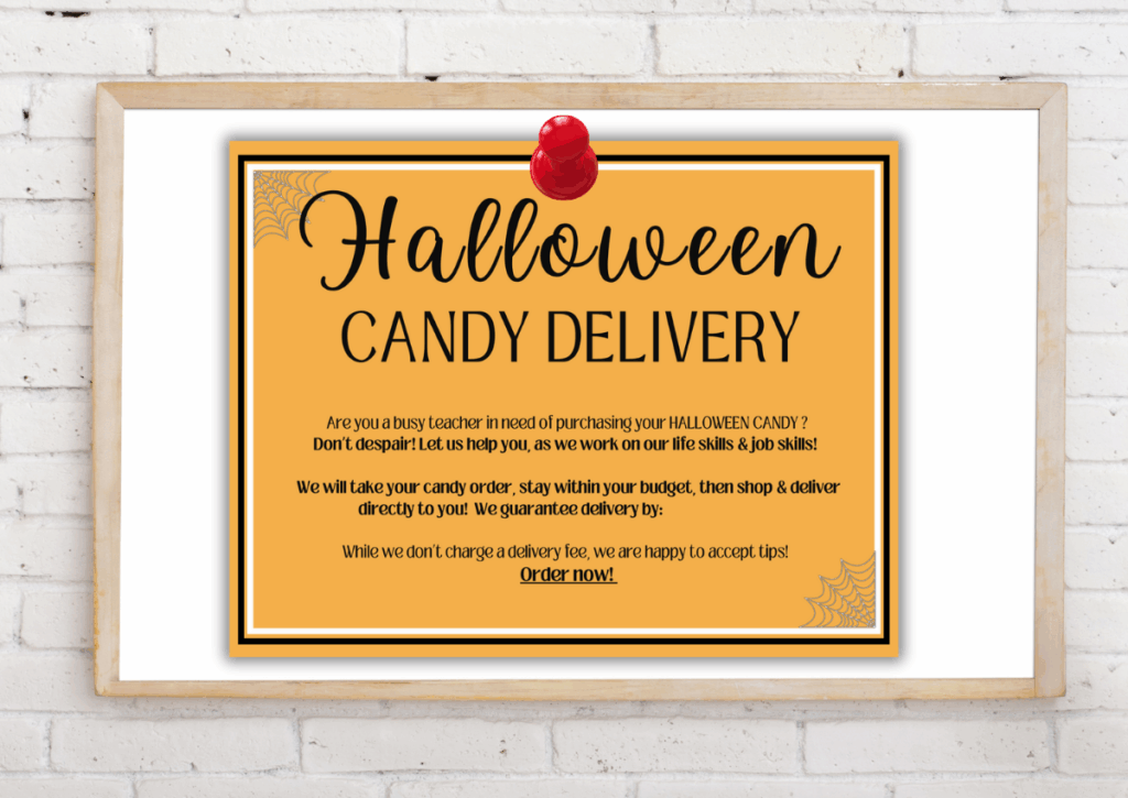 Flyer pinned to a board advertising Halloween candy delivery.