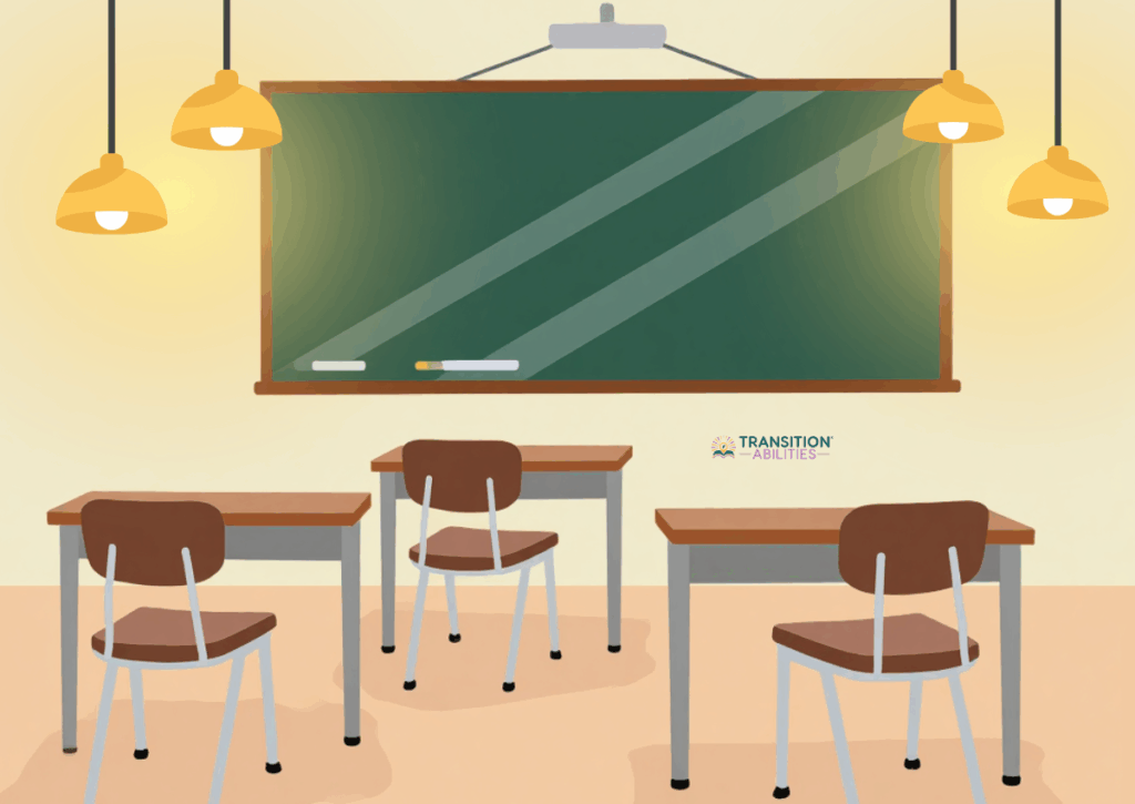 Illustration of an empty classroom with desks and a chalkboard.
