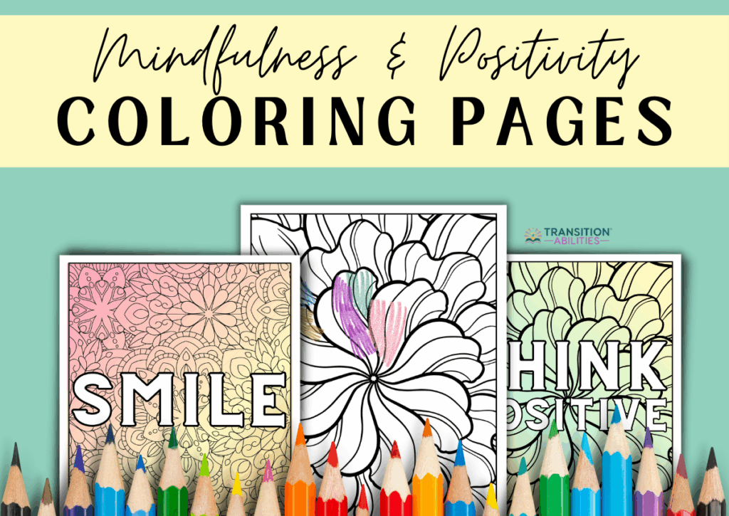 Mindfulness and positivity coloring pages with colored pencils.