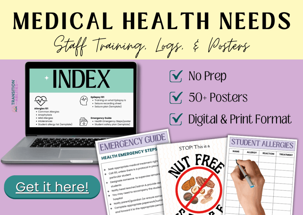 Graphic showing medical health needs resources, including posters and staff training materials.