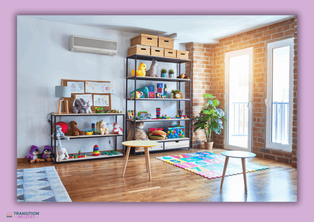 Sensory playroom with shelves of toys and floor mats.