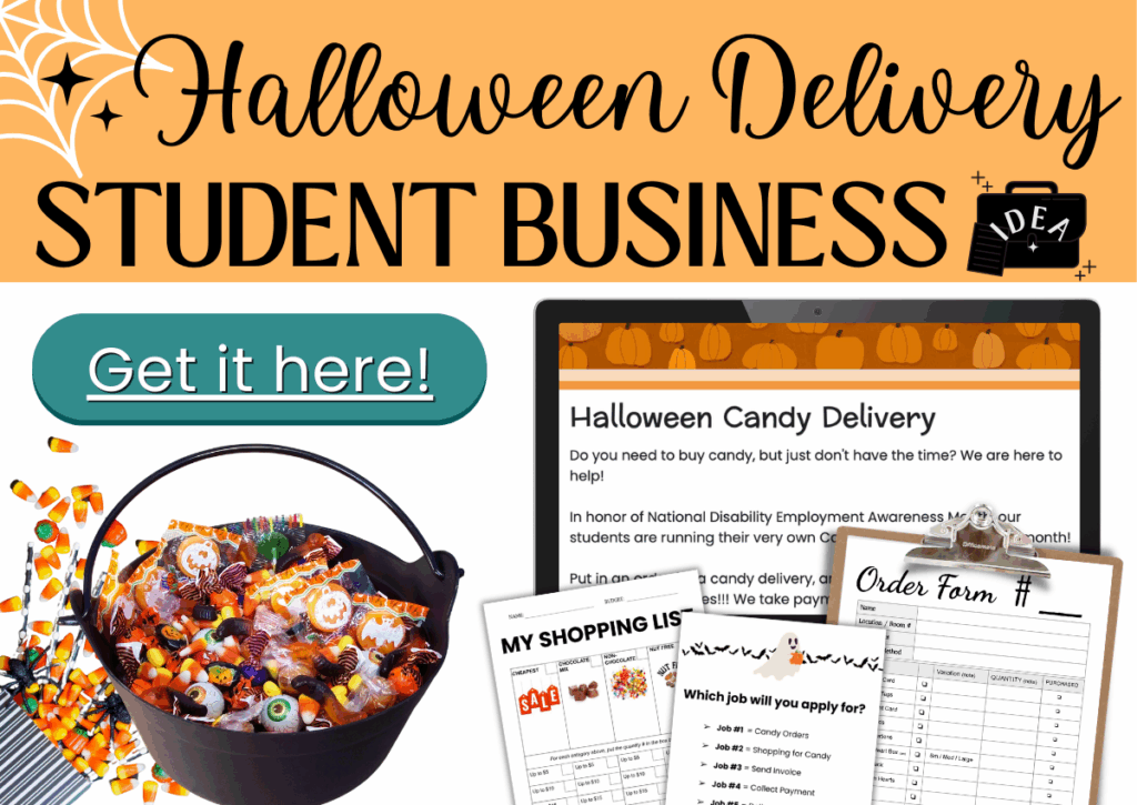 Graphic promoting a Halloween delivery student business with candy and forms.