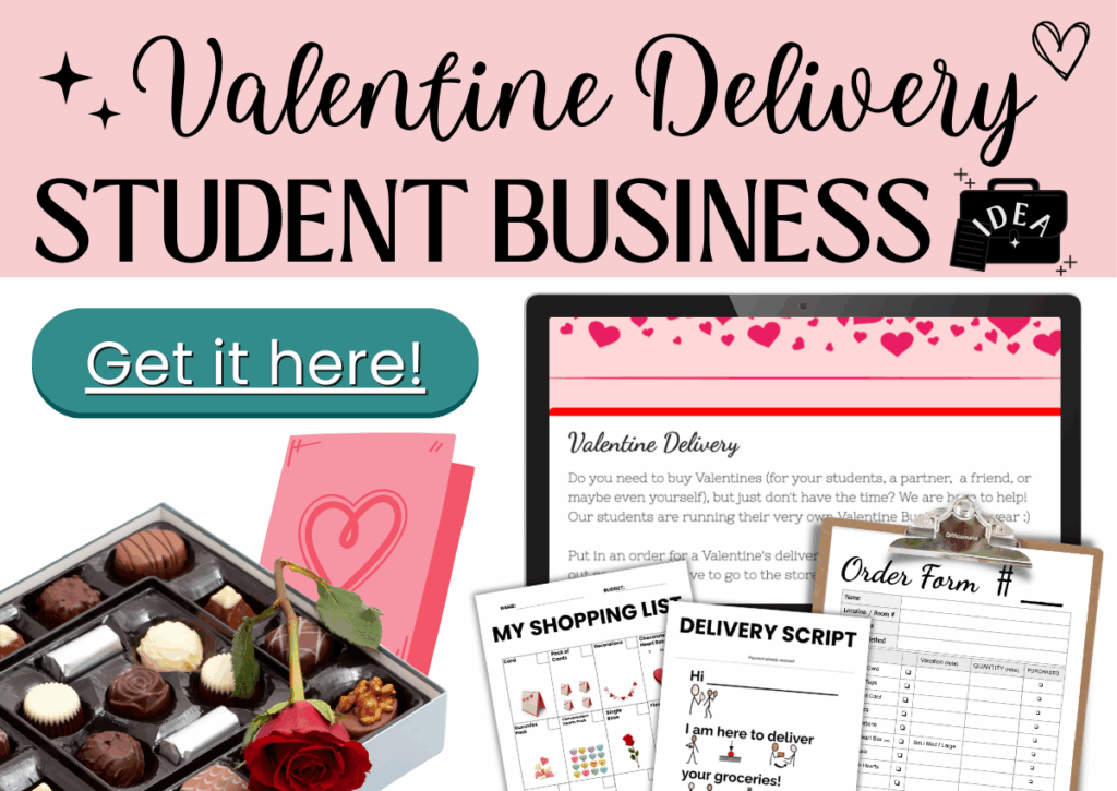 Graphic promoting a Valentine delivery student business with chocolates and cards.