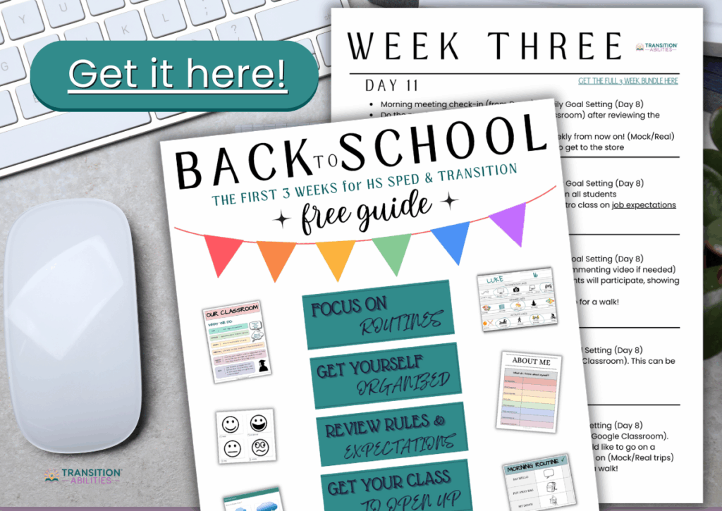 Back-to-school special education guide shown on a desk with worksheets and a “Get it here” button.