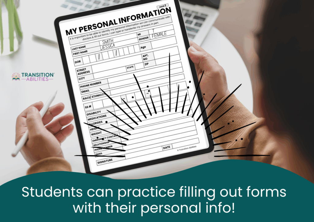 Tablet displaying a personal information form for students to practice filling out.