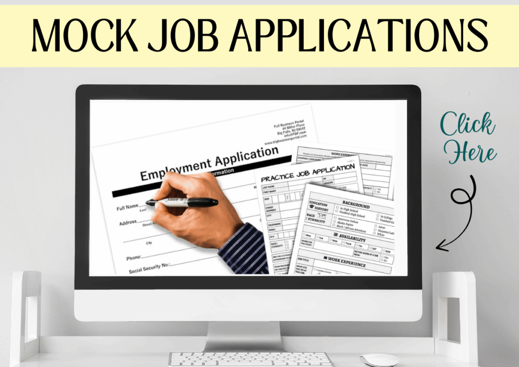 A graphic shows mock job application forms displayed on a computer screen.
