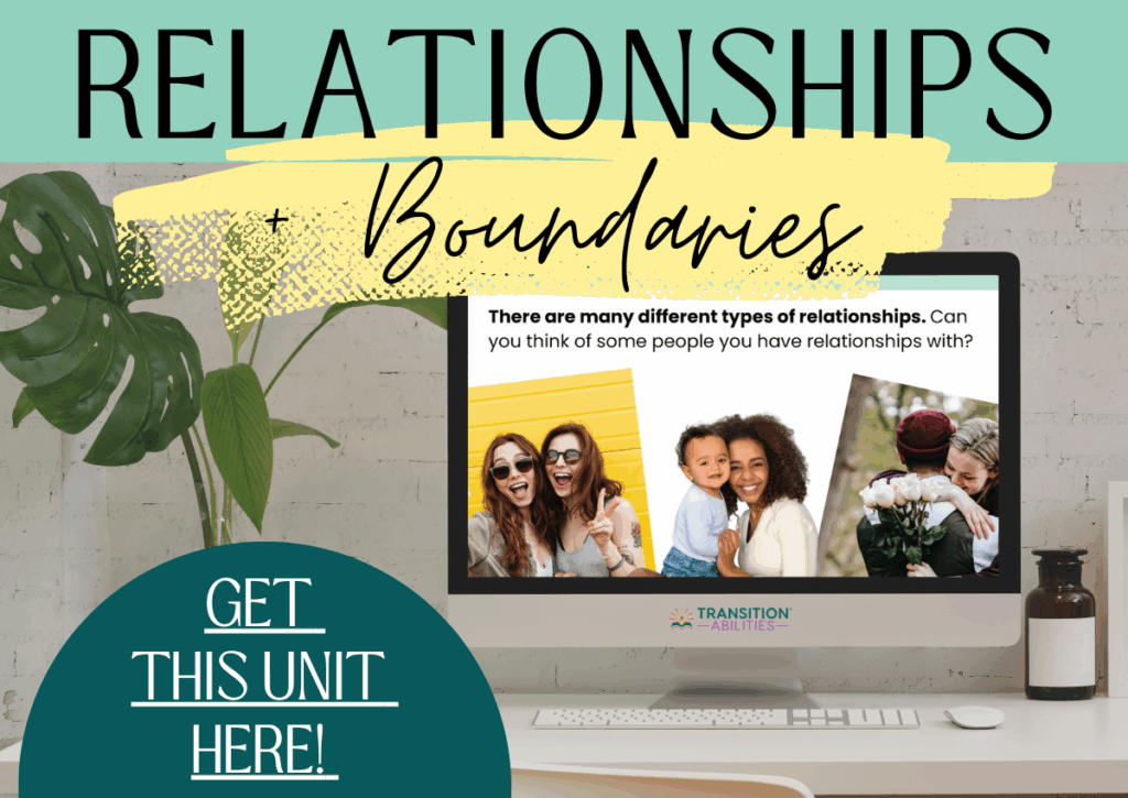 Computer screen showing a relationships and boundaries lesson.