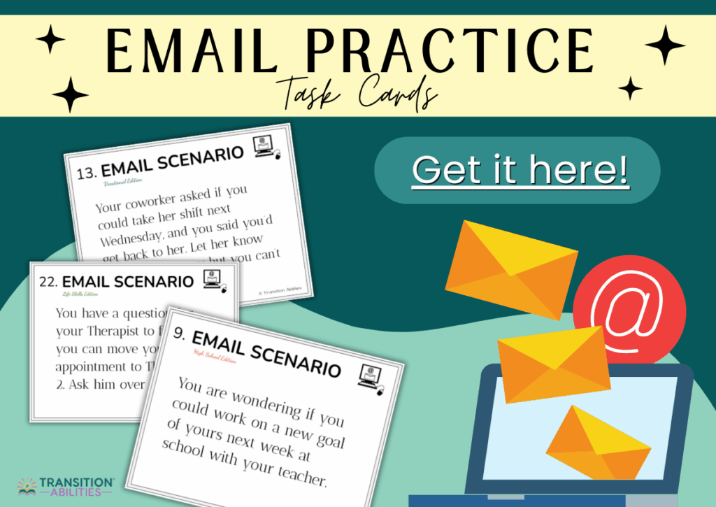 A graphic advertises email practice task cards for job-related communication skills.