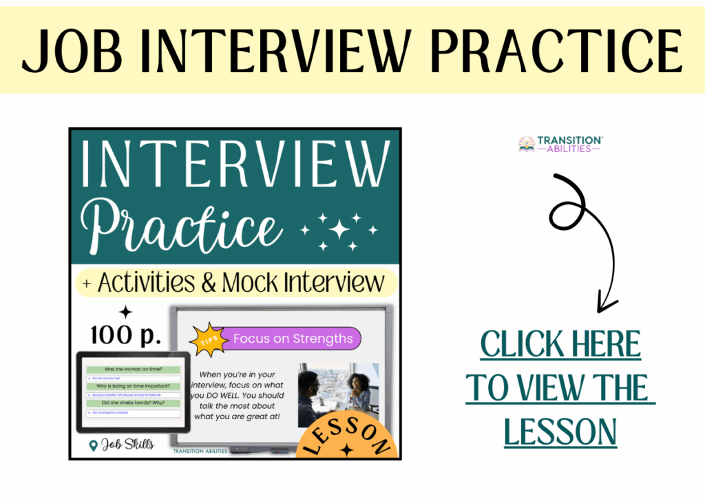 Promotional graphic for job interview practice lessons and mock interviews.