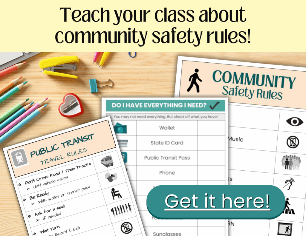 Community safety and public transit rules worksheets on a desk.