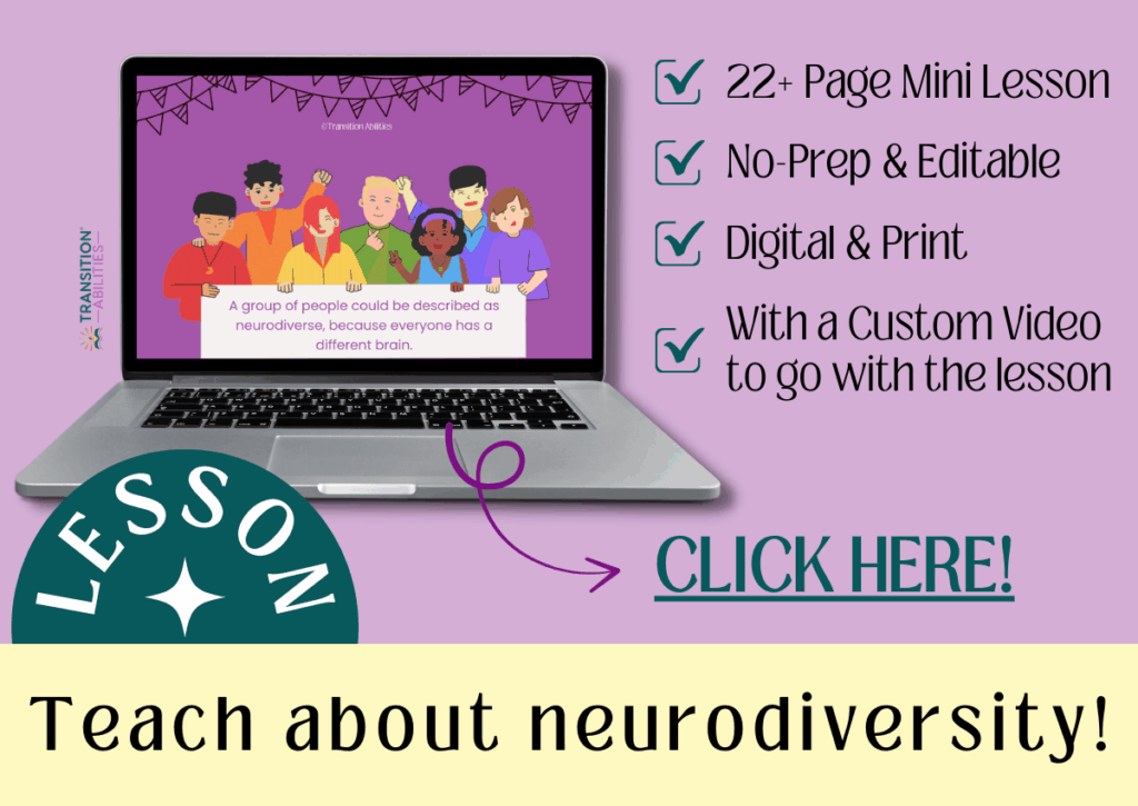Promotional graphic for a neurodiversity lesson showing a laptop and lesson features.