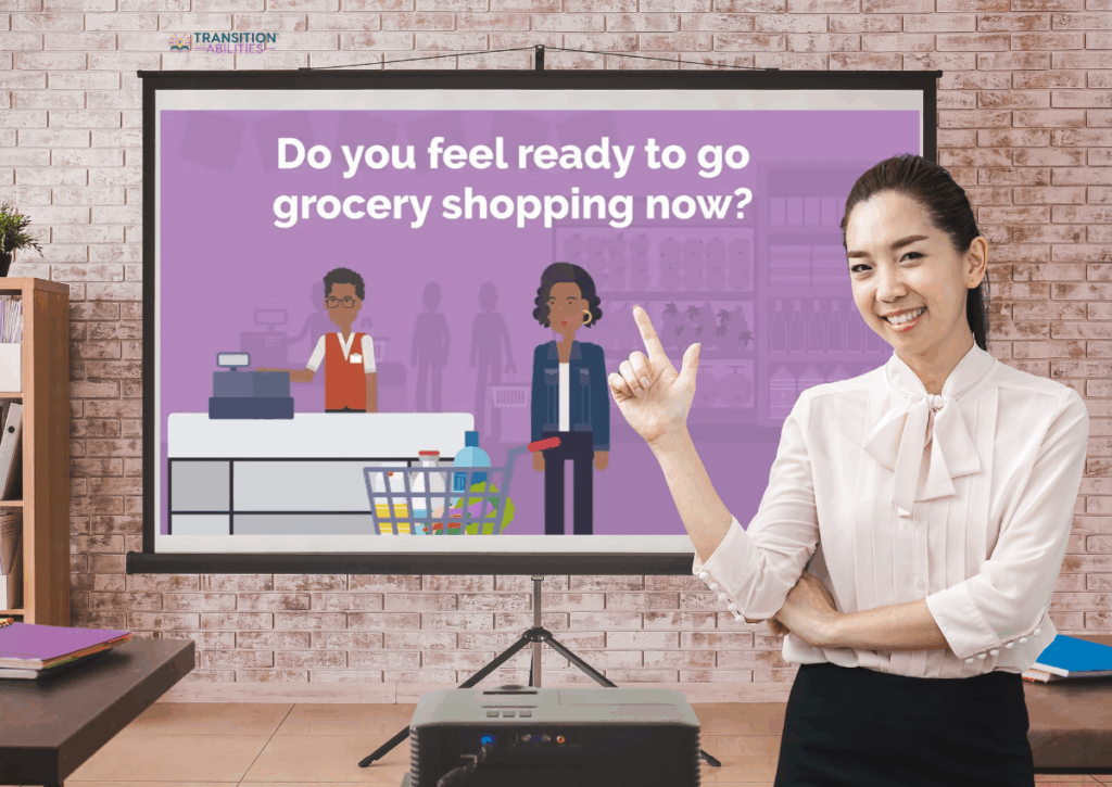 Teacher pointing to a projected animated video about grocery shopping.