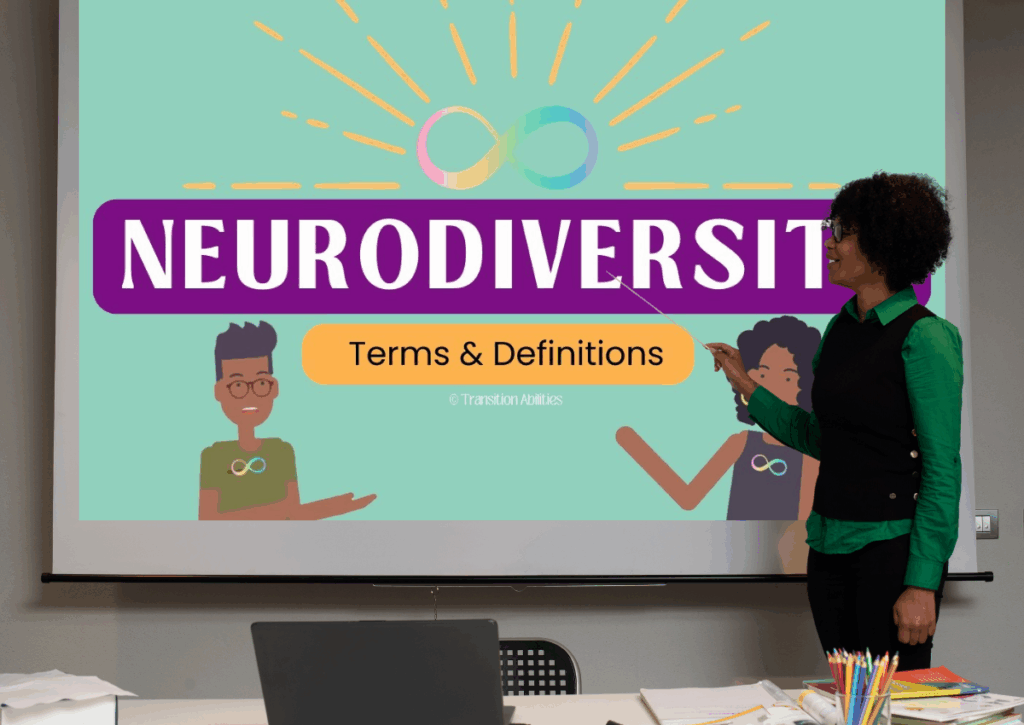 Teacher pointing to a projected “Neurodiversity Terms & Definitions” slide.