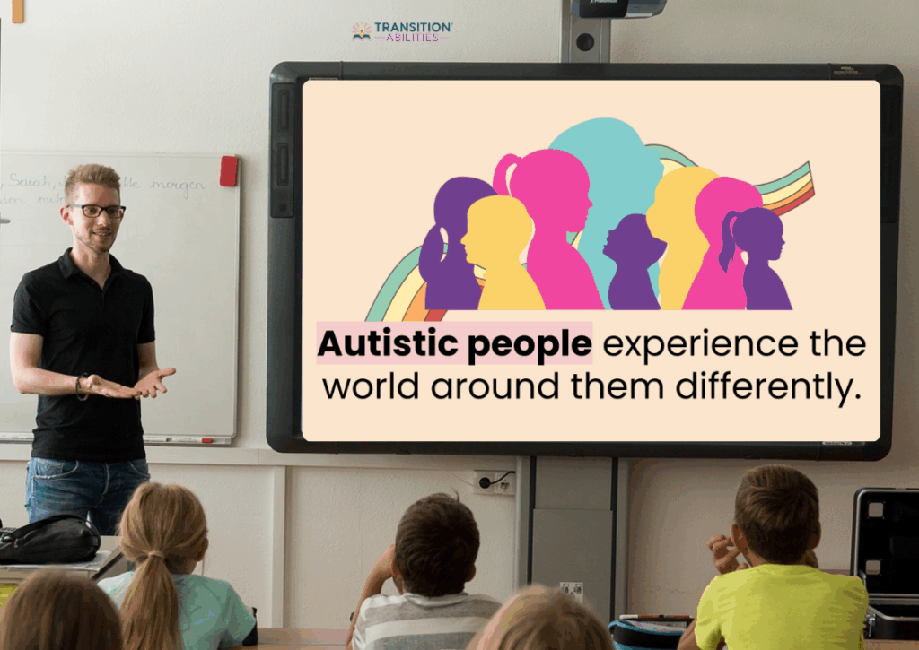 A teacher presents a slide about autism to students in a classroom.