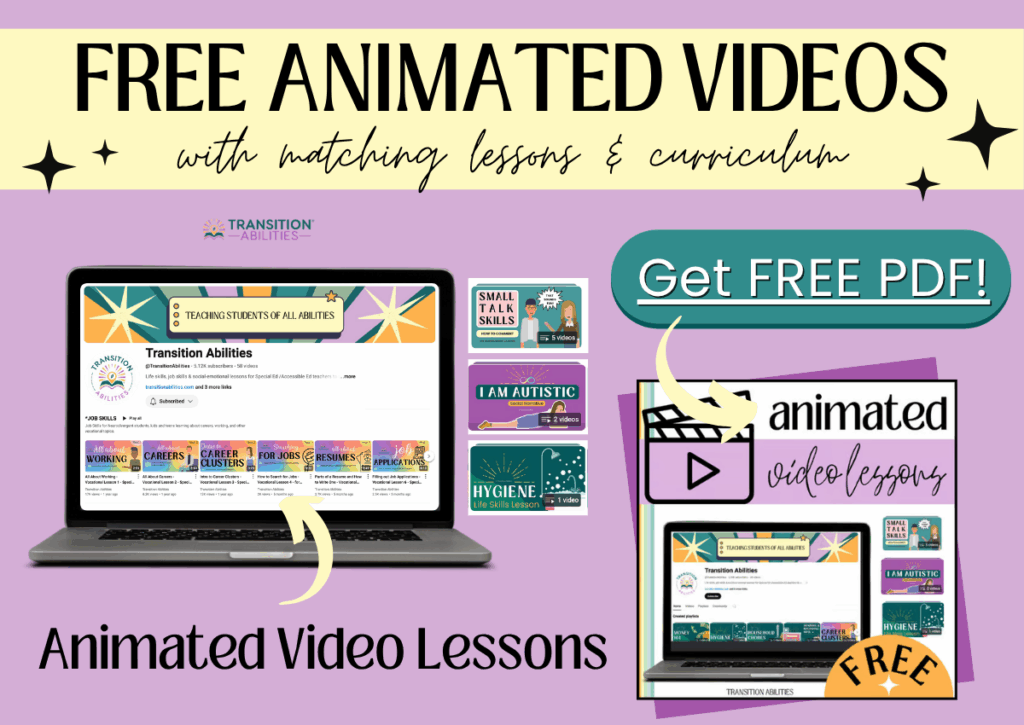 Graphic promoting free animated video lessons with matching lessons and curriculum.