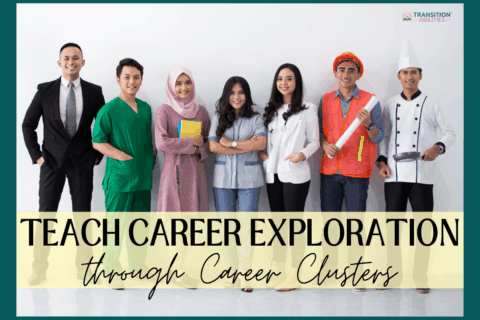Group of people wearing different career uniforms with the text “Teach Career Exploration through Career Clusters.”
