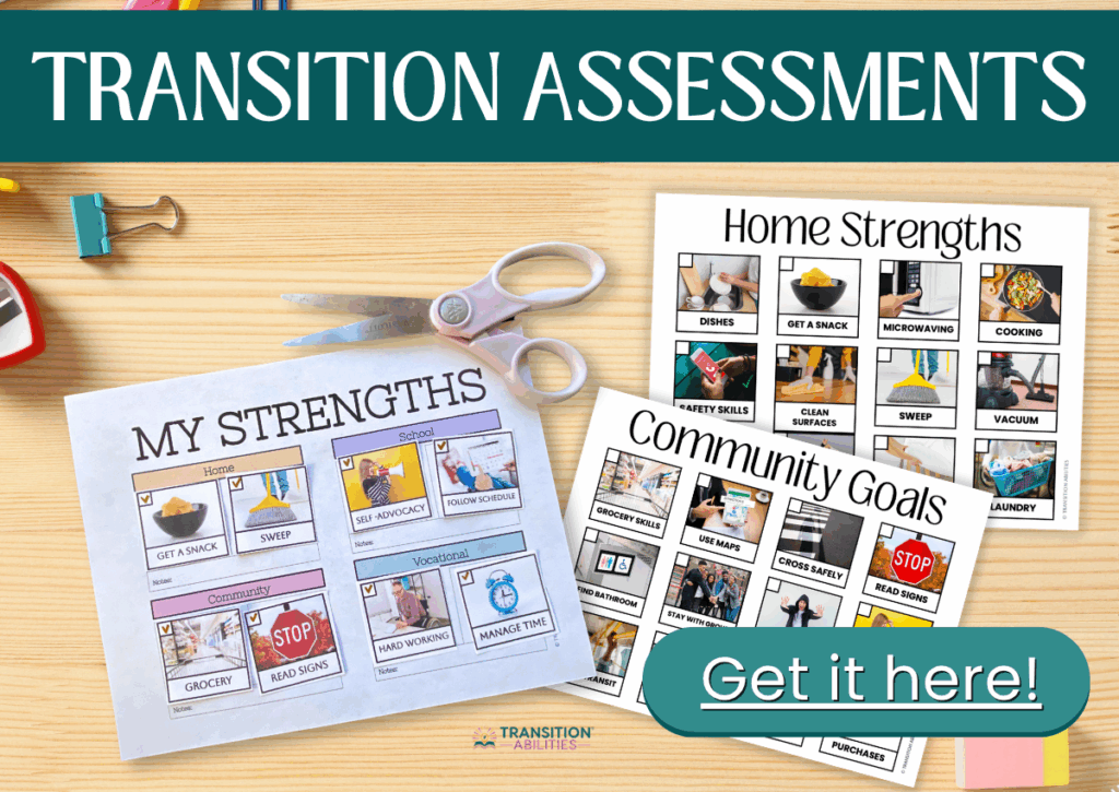 Transition assessment worksheets on a table with scissors and text “Transition Assessments.”