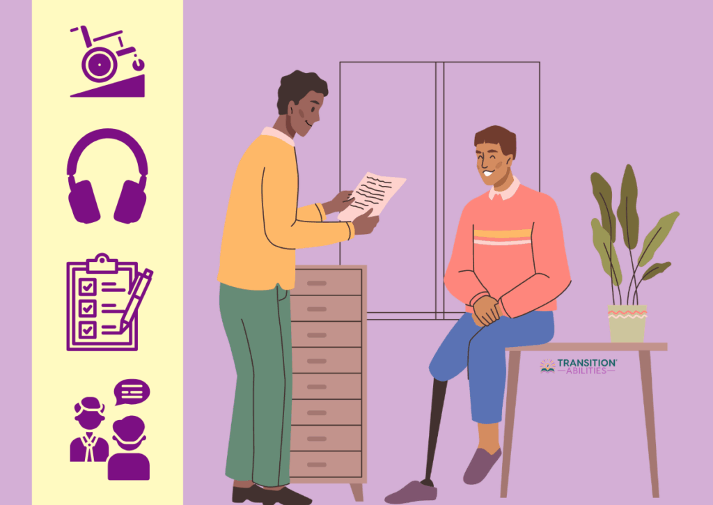 Illustration of two people discussing a document with icons of different accommodations on the side.