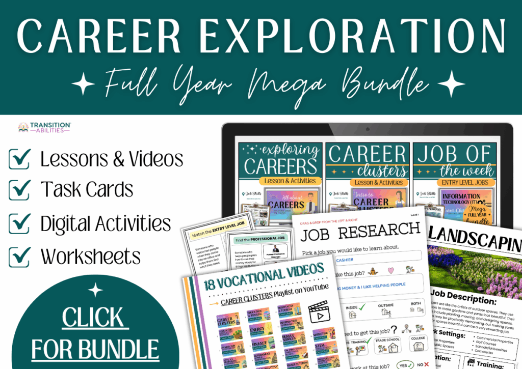 Graphic promoting a career exploration mega bundle with lessons, videos, and worksheets.