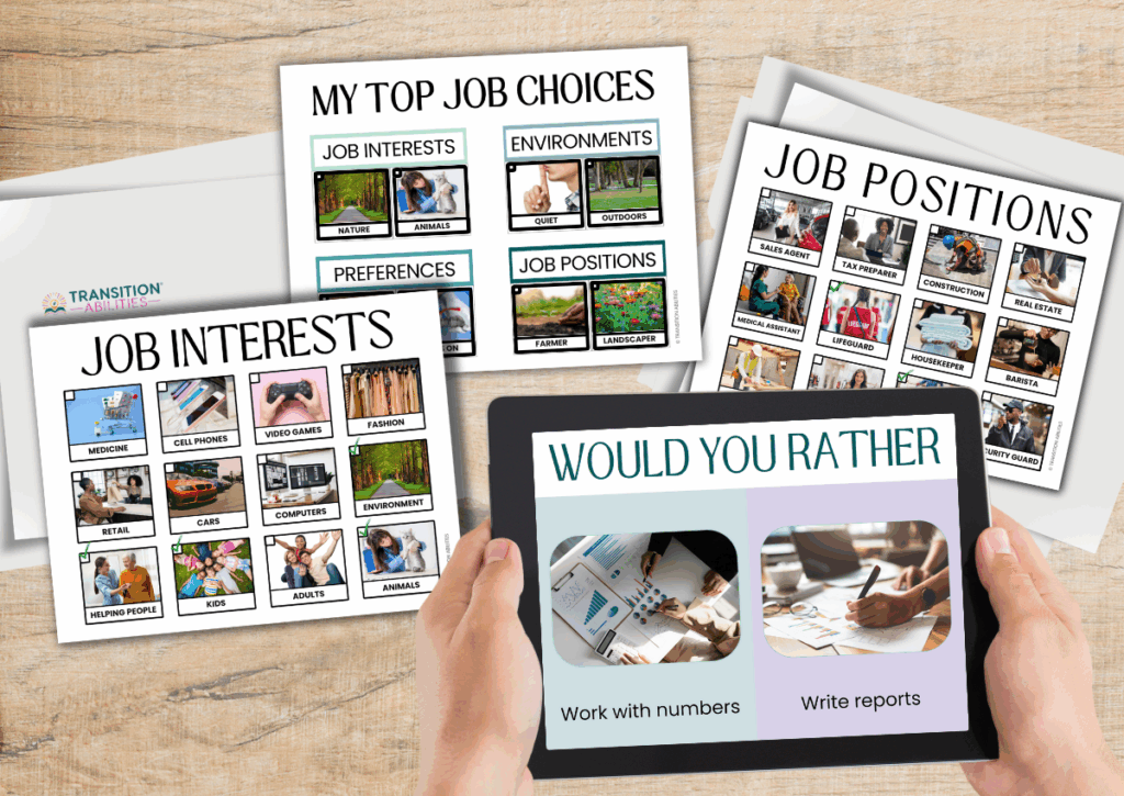Job interest and career choice worksheets with a tablet showing a “Would You Rather” activity.