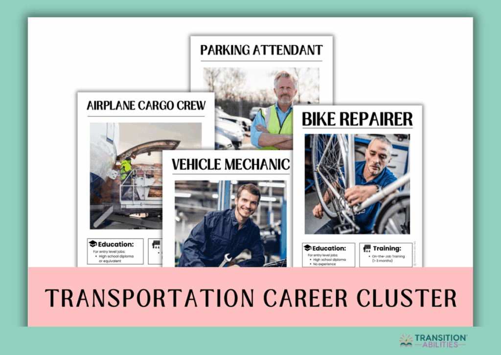Collage of transportation careers including vehicle mechanic, airplane cargo crew, parking attendant, and bike repairer.