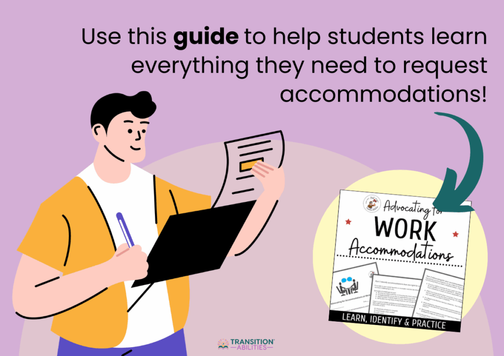 Illustration of a person holding papers with the text promoting a guide for requesting work accommodations.
