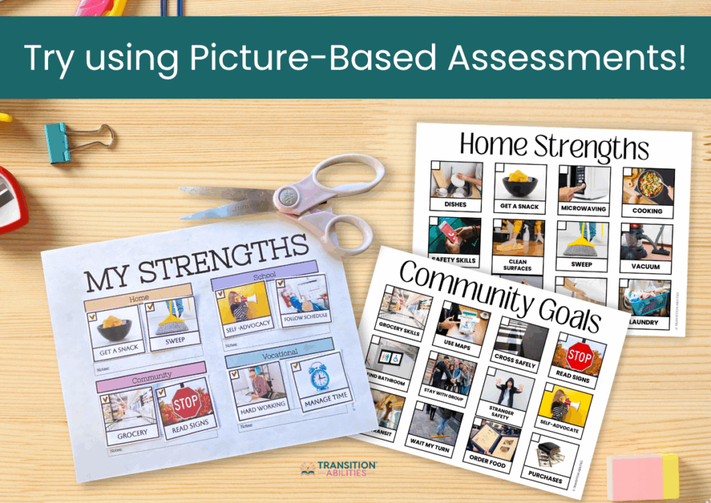 Picture-based assessments showing strengths and community goals worksheets on a table.