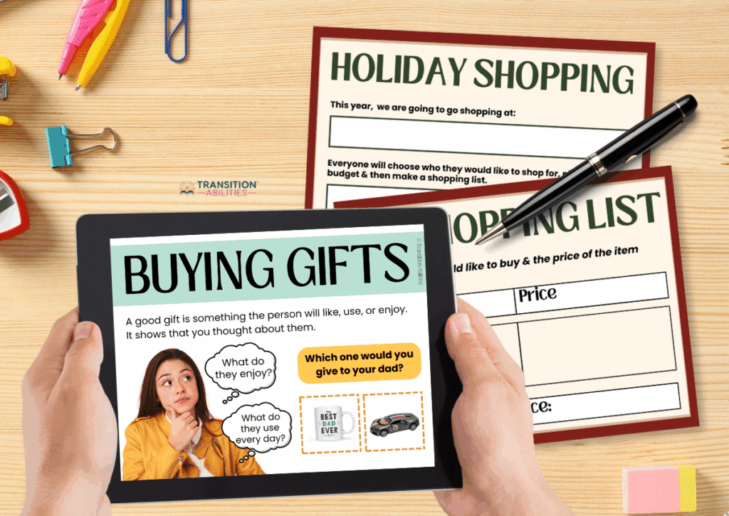 Tablet showing “Buying Gifts” activity with shopping list worksheets on a desk.