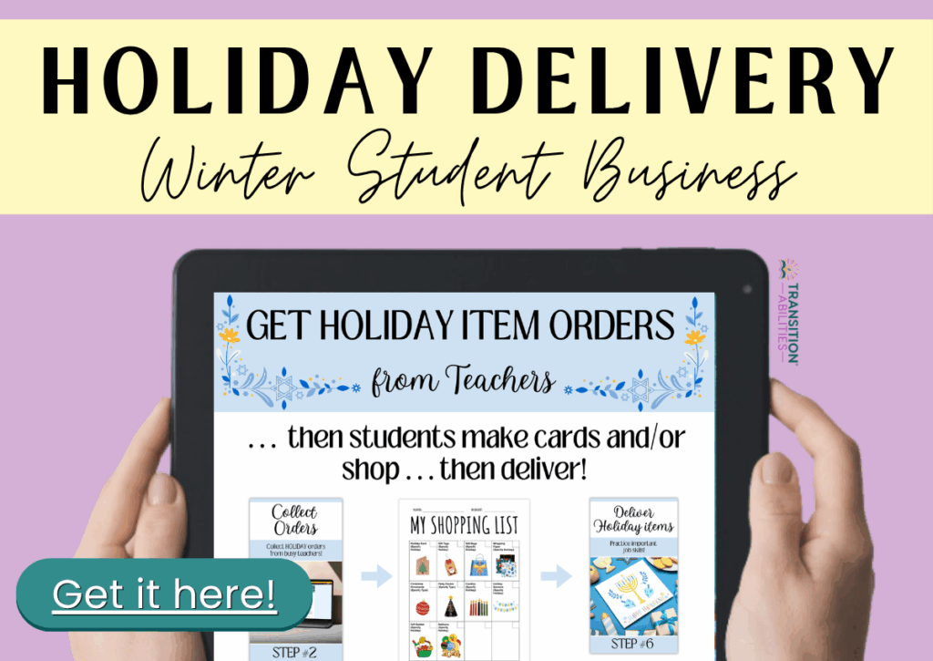 Tablet showing “Holiday Delivery Winter Student Business” activity with text “Get it here!”