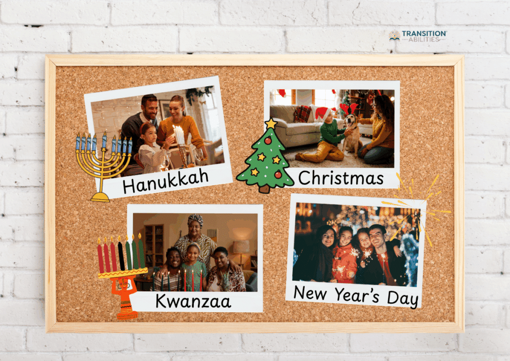 Bulletin board with photos and icons representing Hanukkah, Christmas, Kwanzaa, and New Year’s Day.