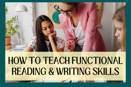 A teacher in a pink blazer helping two students at a table with reading and writing materials.