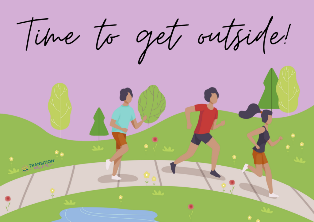 Illustration of three teens jogging along a sidewalk in a colorful park with the text “Time to get outside!”