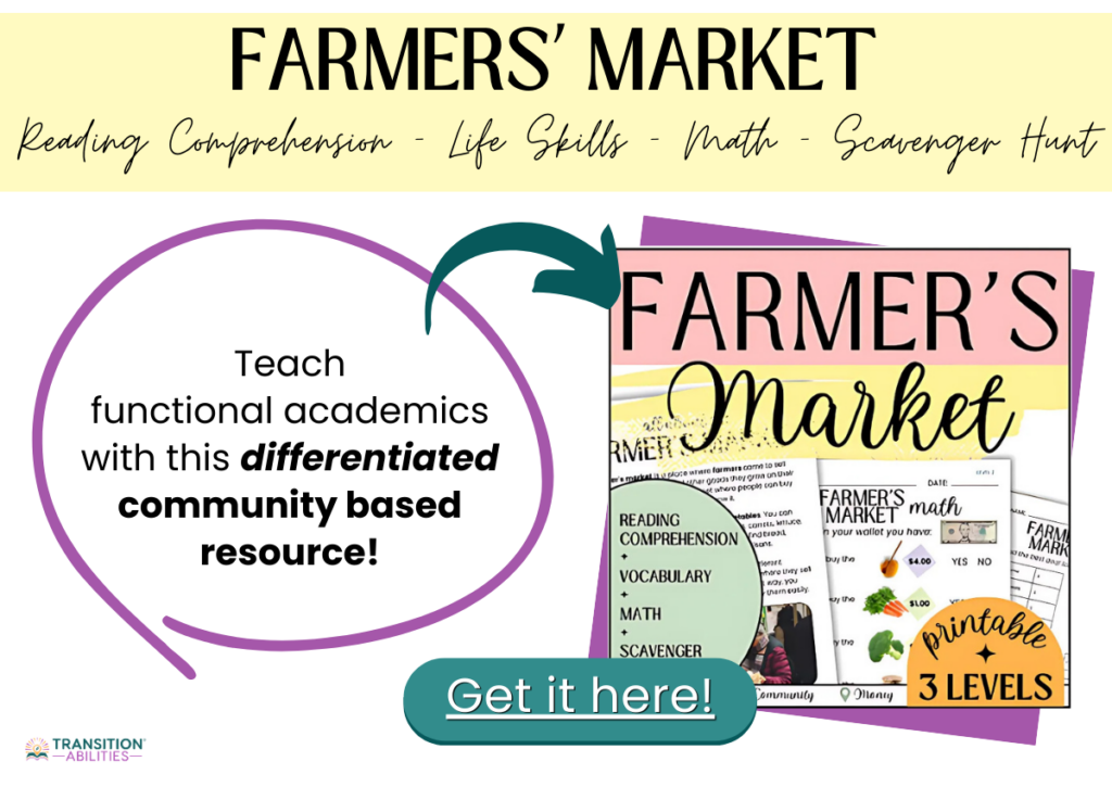 Educational flyer promoting a Farmers’ Market-themed resource for teaching functional academics with reading, math, and scavenger activities.