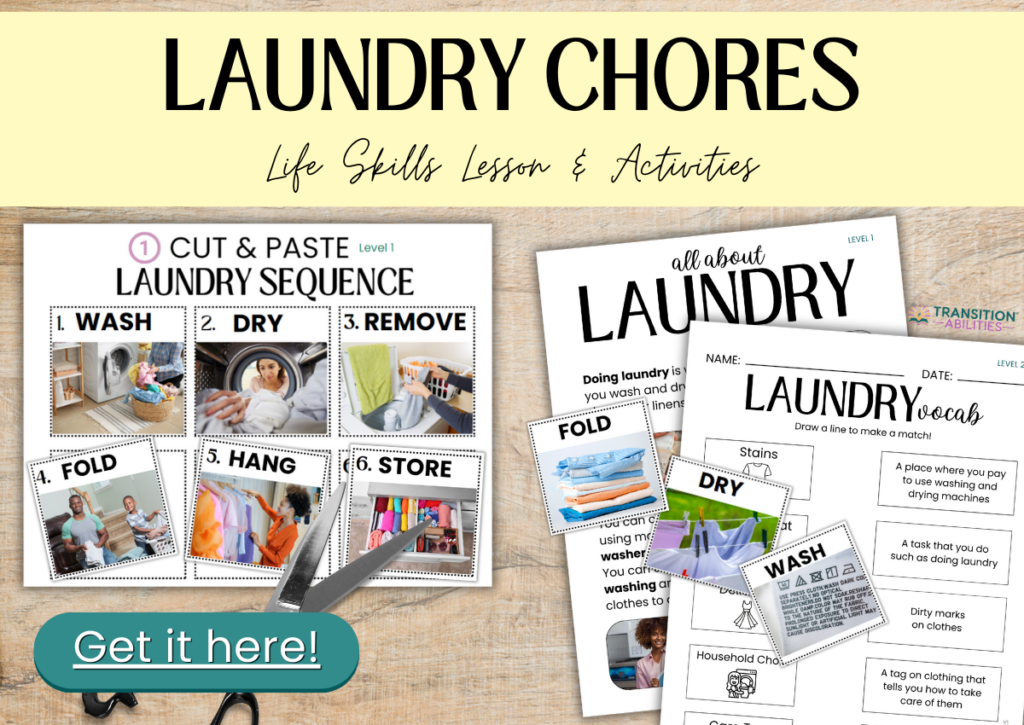 A visual worksheet set teaching laundry chores through vocabulary, sequencing, and cut-and-paste activities.