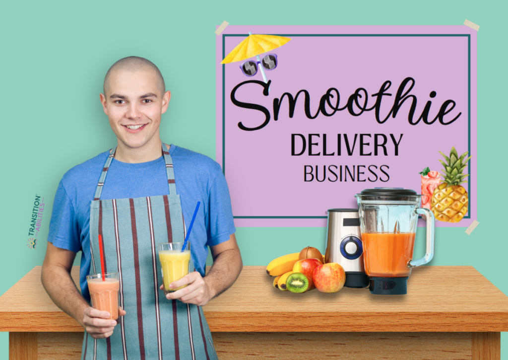 Smiling young man holding two smoothies in front of a counter with fruit, a blender, and a sign reading “Smoothie Delivery Business.”