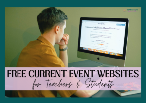 Man reading a news article on a desktop computer with text overlay about free current event websites for teachers and students.