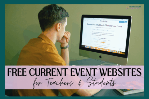 Man reading a news article on a desktop computer with text overlay about free current event websites for teachers and students.