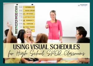 A smiling teacher stands in front of a whiteboard pointing at students while a visual schedule with yellow time blocks and icons is displayed.