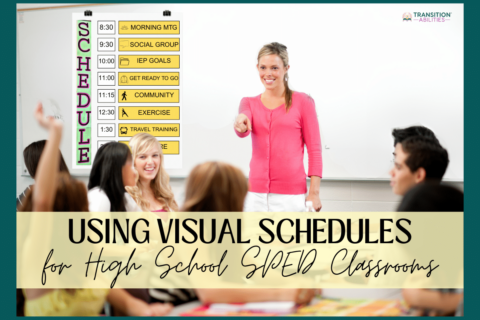 A smiling teacher stands in front of a whiteboard pointing at students while a visual schedule with yellow time blocks and icons is displayed.