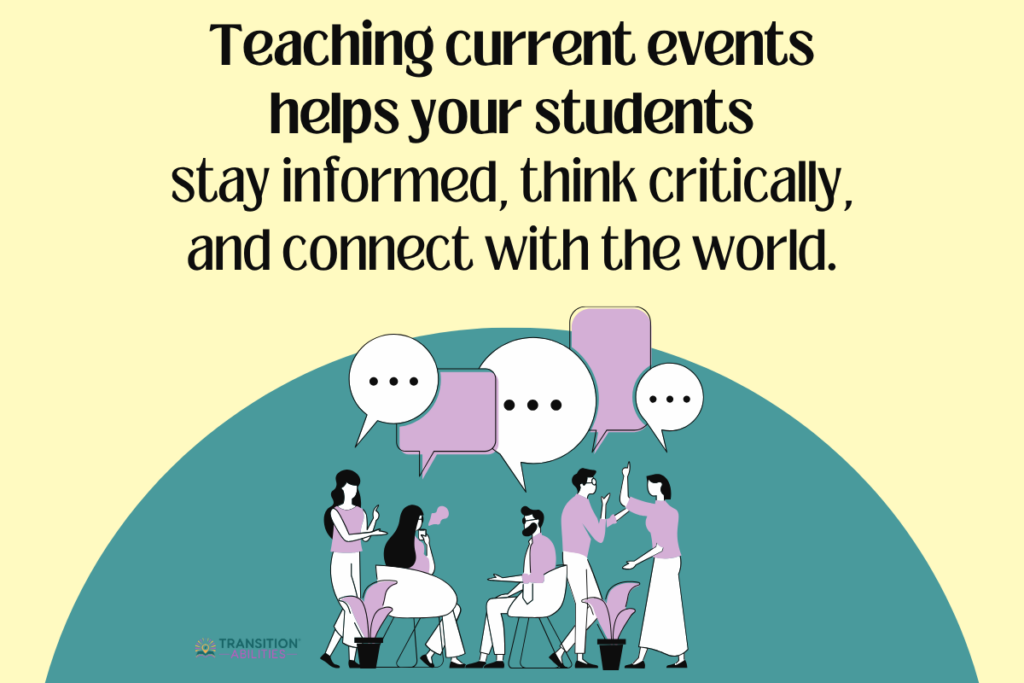 Illustration of people having a group discussion with speech bubbles and text about the benefits of teaching current events.