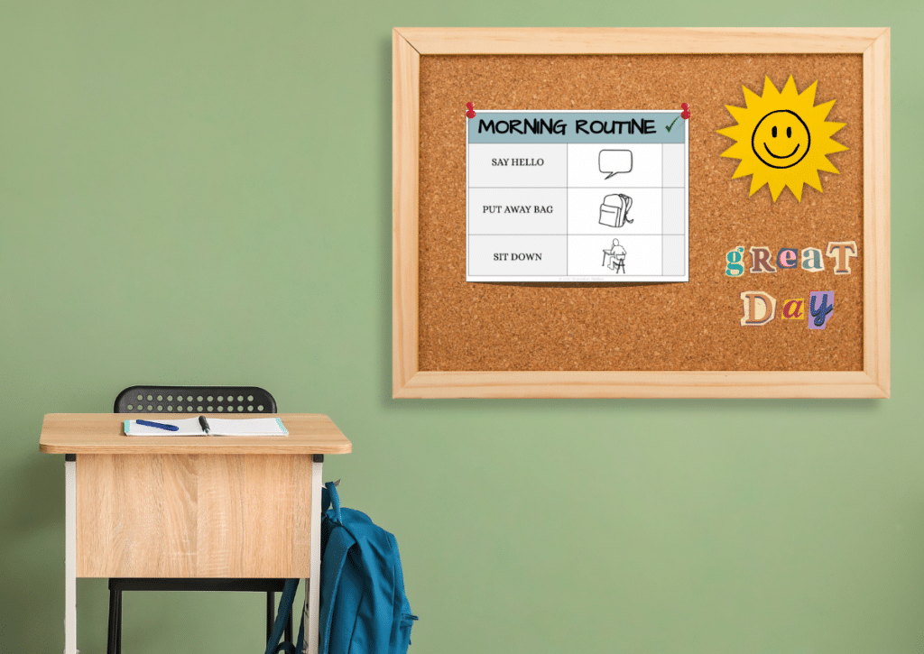 A corkboard with a simple morning routine schedule including pictures and steps: say hello, put away bag, and sit down. A desk and backpack are in the foreground.