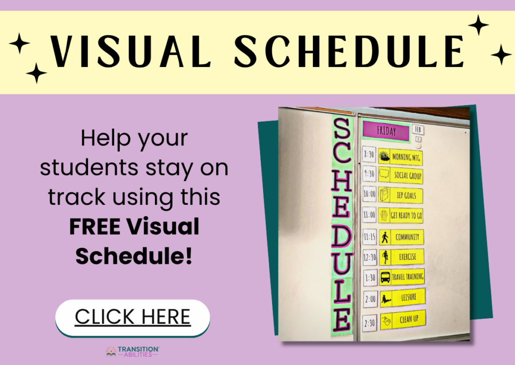 Visual schedule with a list of daily classroom activities and a button that says "Click Here."